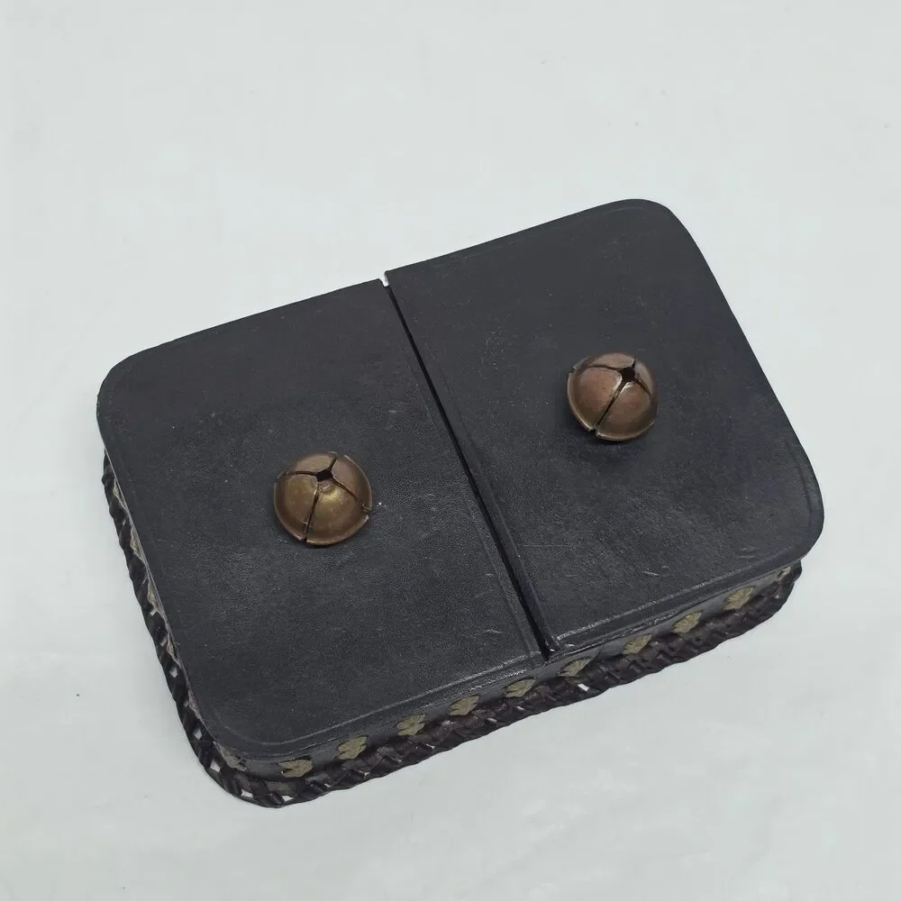 VTG Poland Studded Leather Double Deck Playing Card Box Holder With Bells MCM